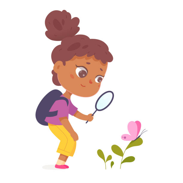 Girl holding magnifying glass to watch butterfly sitting on green plant of forest, garden Girl holding magnifying glass to watch butterfly sitting on green plant of forest, yard or garden and study nature vector illustration. Cartoon isolated curious smart kid studying summer insects biologist stock illustrations