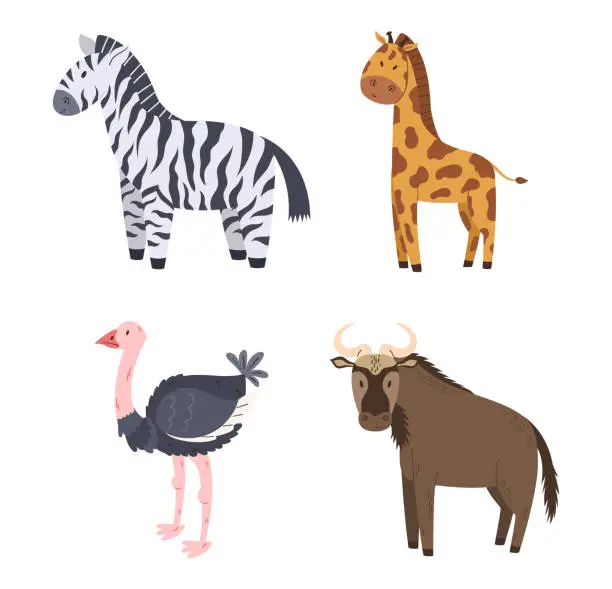 Vector illustration of Set of African Safari Animals Ostrich, Giraffe, Buffalo and Zebra Savannah Mammal Isolated on White Background