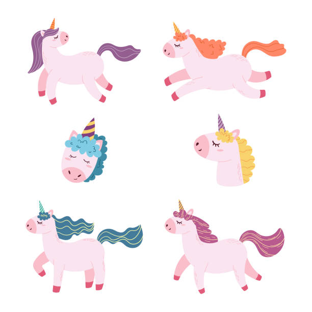 매직 유니콘 세트, 귀여운 만화 조랑말 또는 소녀 일기, 생일을위한 뿔과 다채로운 갈기 고립 된 요소 - unicorn horse magic fairy tale stock illustrations
