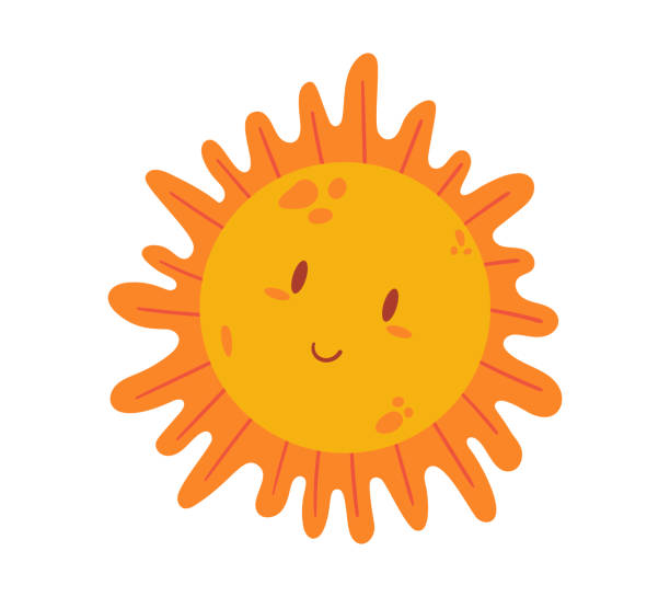 illustrazioni stock, clip art, cartoni animati e icone di tendenza di sole dei cartoni animati con faccia sorridente, personaggio carino con occhi e sorriso divertente. isolato solar sunshine elemento di design infantile - twink