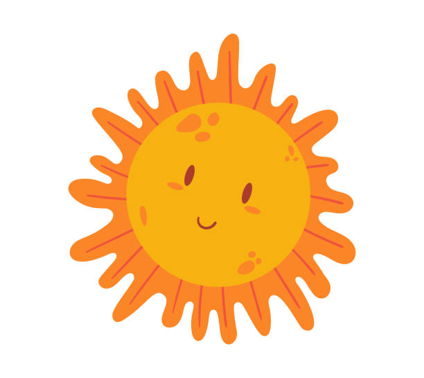 kreskówkowe słońce z uśmiechniętą twarzą, uroczą postacią z oczami i zabawnym uśmiechem. izolowany dziecięcy element projektu solar sunshine - twink stock illustrations