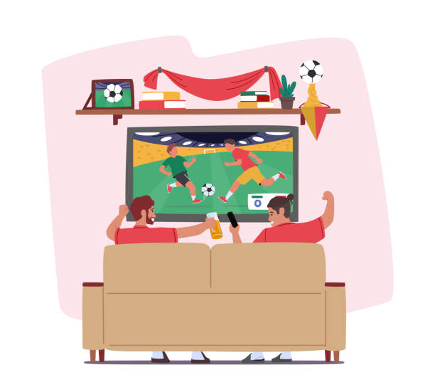 Football Fans Watching Match, Male Characters Soccer Supporters Cheering for Favorite Team at Home on Tv Sit on Couch Football Fans Watching Match, Male Characters Soccer Supporters Cheering for Favorite Team at Home on Tv Sitting on Couch Rear View. Excited Men Screaming with Beer. Cartoon People Vector Illustration men watching soccer game stock illustrations