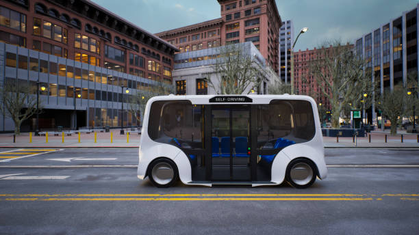 Autonomous electric bus self driving on street, Smart vehicle technology concept, 3d render stock photo