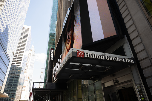 New York, NY, USA - June 4, 2022: The Hilton Garden Inn New York/Times Square Central hotel.