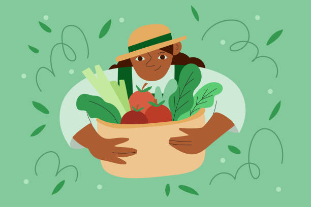 ilustrações de stock, clip art, desenhos animados e ícones de a woman farmer happily shows her harvested homegrown produce - environment homegrown produce canada north america