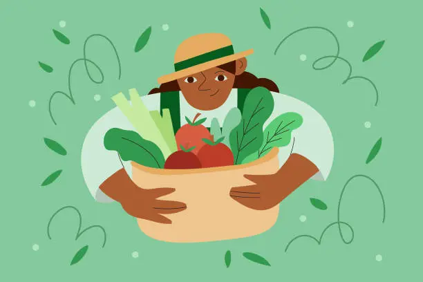 Vector illustration of A Woman Farmer Happily Shows Her Harvested Homegrown Produce