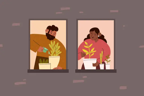 Vector illustration of Multiracial Neighbors Take Care of and Grow Window Herb Gardens in Apartment