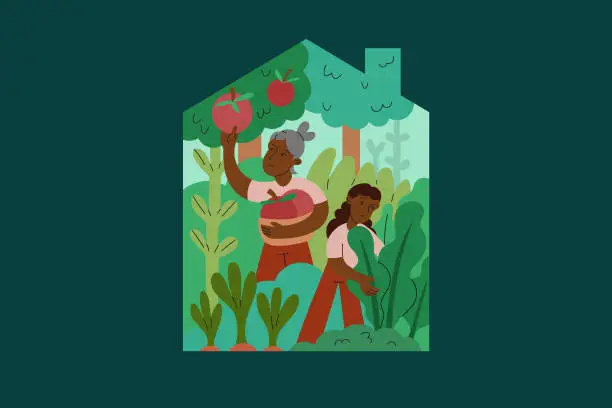 Vector illustration of A Middle-Aged Mother and Daughter Care for and Harvest Homegrown Produce in Garden