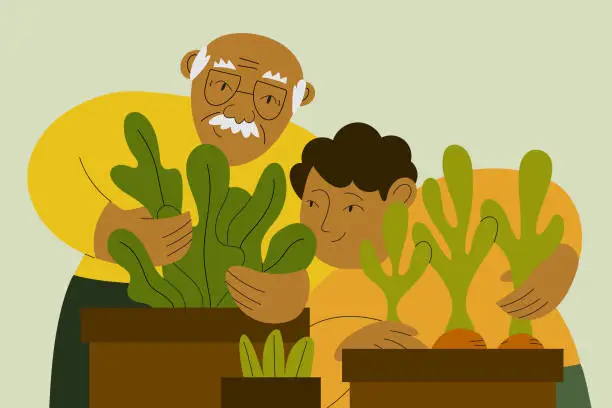 Vector illustration of A Grandfather Teaches and Shows His Grandchild How To Garden and Care For Plants at Home