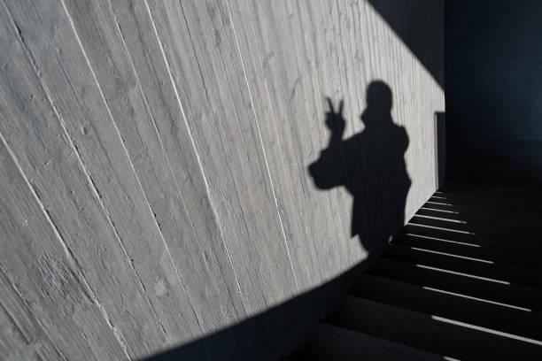 Shadow of lamp and photographer on ancient brick wall. Black and white.