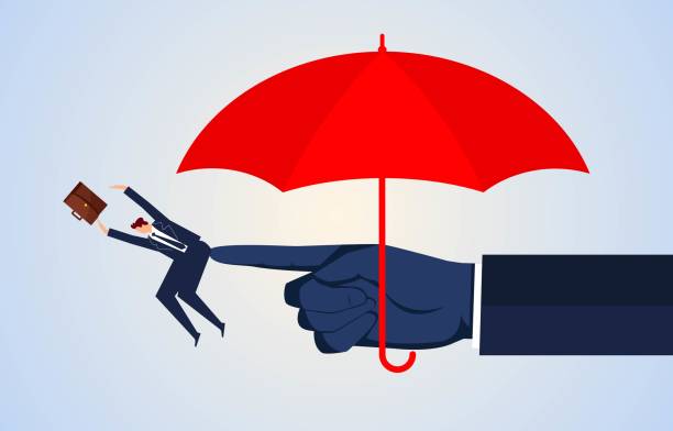 istock Refused to protection and assistance, safety regulations or insurance application is rejected, huge index finger the businessmen from the umbrella out 1435711490