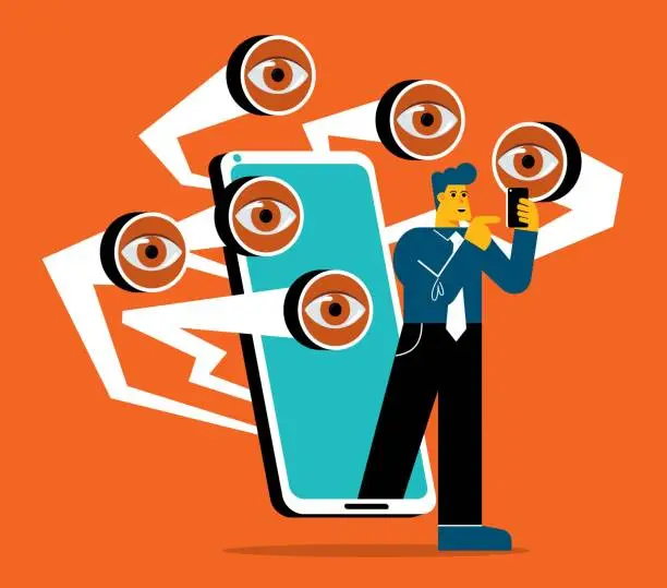 Vector illustration of Spying Smart Phone - Businessman