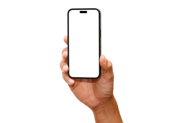 istock Hand holding smartphone isolated on white background - Clipping Path 1435723538