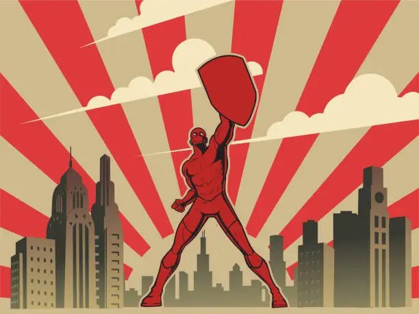 Vector illustration of Vector Retro Propaganda Poster Style Masked Superhero Lifts a Shield Stock illustration