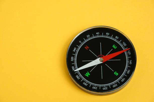 istock Top view single black compass isolated on yellow background 1435725263