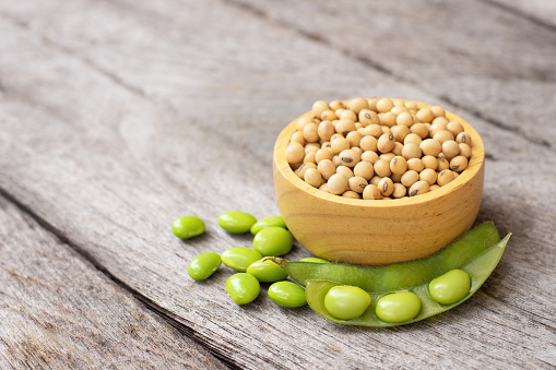 Green soybean in pod and dry soybeans in wooden bowl isolated on rustic wood table background.