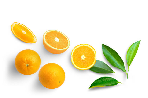 istock Orange fruit and half sliced with green leaf isolated on white 1435729884