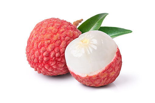 Lychee fruit on color background. Top view, flat lay.