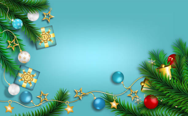 istock Merry Christmas and Happy New Year. Xmas decorative design elements on red background. Horizontal Christmas posters, greeting cards. Objects viewed from above. 1435734108