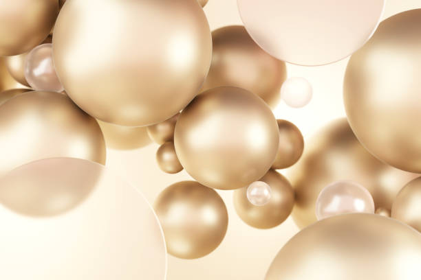 Bubbles gold sphere float frosted glass circle blurred, crystal balls shine on light gold backdrop. Display luxury elegant advertising cosmetic beauty product or skin care background.