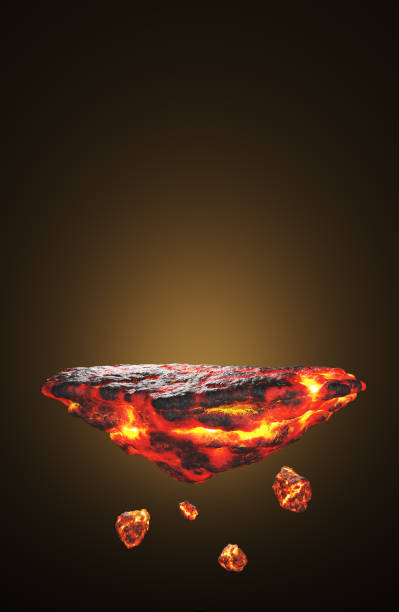 rocas de lava, magma caliente, carbones ardientes o meteoritos flotantes sobre fondo negro y oscuro. publicidad de soporte de exhibición de productos, como parrilla de alimentos, cuidado cosmético de la piel. trazado de recorte. - rock mill fotografías e imágenes de stock