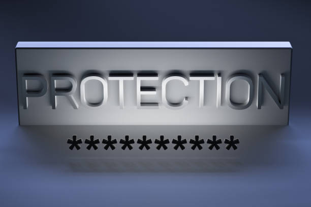The PROTECTION - the concept of protecting personal data online. Encrypted password and text PROTECTION metallic banner. 3D render.