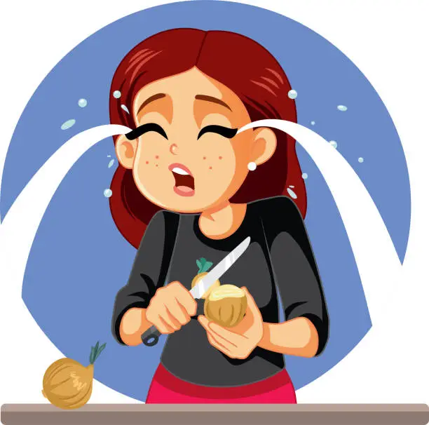 Vector illustration of Crying Woman Peeling Onions in the Kitchen Vector Illustration