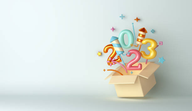 istock Happy new year 2023 decoration background with firework rocket, gift box, 3D rendering illustration 1435742454