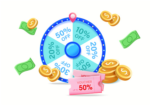 3d blue fortune spinning wheel for online promotion events.Falling coins, falling money, flying gold coins, golden rain. Jackpot or success concept. Dollar explosion. Vector illustration