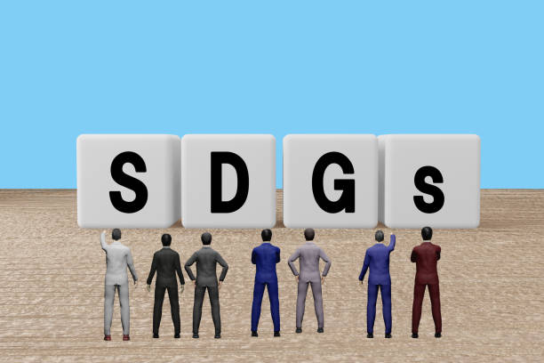 istock Businessman looking at character blocks of SDGs 1435751429
