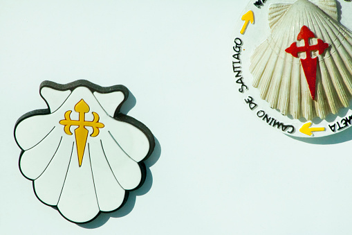 Santiago de Compostela traditional religious crosses, scallops, yellow arrows. Symbols of \