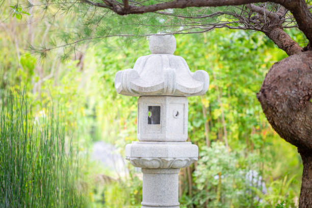 istock Stone asian lantern in Japanese gardens blurred background 1435754115