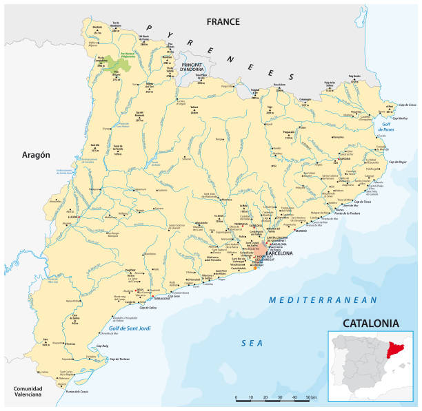 векторная карта северо-восточного испанского региона каталония - girona stock illustrations