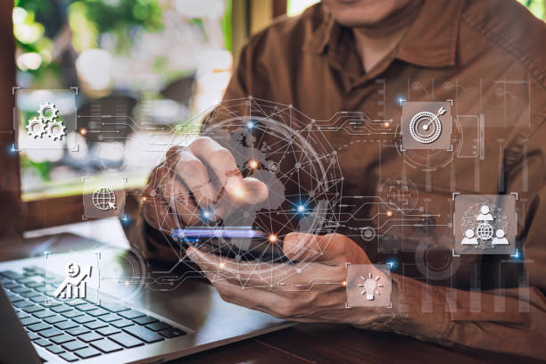 istock Businessman using smart devices for Digital technology connection and marketing, global internet network concept 1435759952