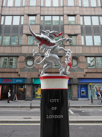 London, UK - Circa October 2022: Statue of Dragon marking the boundary of the City of London by JB Bunning circa 1849
