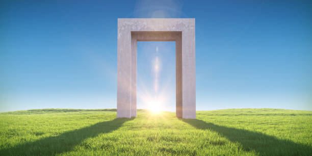 istock Abstract realistic 3d illustration. Creative modern surreal ambient panoramic background. Beautiful nature landscape with green grass field and stone frame, portal or gate. Minimal fantasy art render. 1435773116