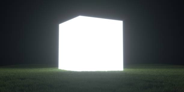 istock Creative modern surreal ambient panoramic background. Night landscape with grass field and neon light square form, box or cube. Abstract realistic 3d illustration. Minimal fantasy art render. 1435773124
