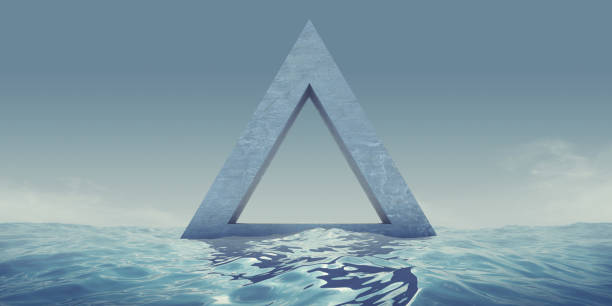 istock Abstract realistic 3d illustration. Creative modern surreal ambient panoramic background. Beautiful ocean, sea water surface with stone triangle, portal or gate. Minimal fantasy art render. 1435773136