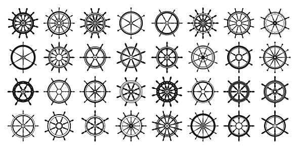 Collection of vintage steering wheels. Ship, yacht retro wheel symbol. Nautical rudder icon. Marine design element. Vector illustration.