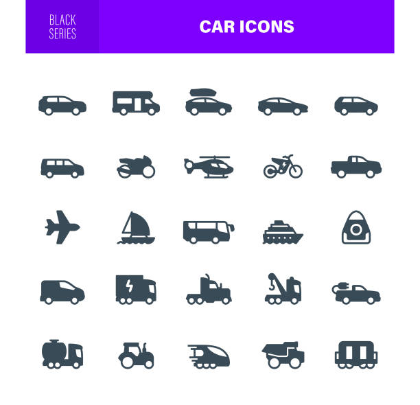автомобильные иконы черный силуэт - bicycle pick up truck icon set computer icon stock illustrations