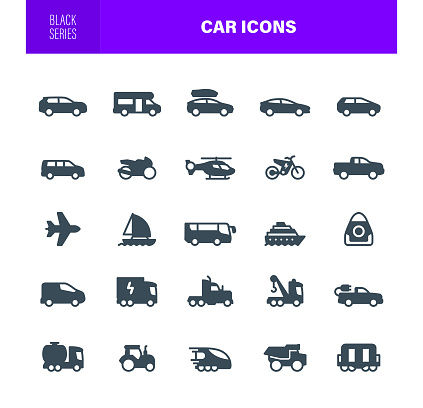 Transport Icon Set. Black Silhouette. The set contains icons as Truck, Trailer, Car, Sedan, Transportation, Vehicle