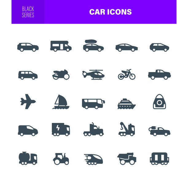 Car Icons Black Silhouette Transport Icon Set. Black Silhouette. The set contains icons as Truck, Trailer, Car, Sedan, Transportation, Vehicle ford truck black stock illustrations