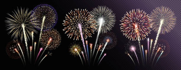 bildbanksillustrationer, clip art samt tecknat material och ikoner med three groups of realistic fireworks isolated on transparent background. vector illustration. - fyrverkeri