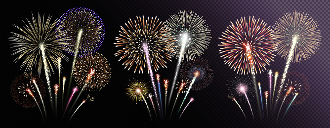 Three groups of realistic fireworks isolated on transparent background. Vector illustration.