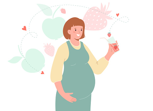 Pregnant woman holds healthy fruit juice in her hand . Nutrition and diet during pregnancy. Vector illustration