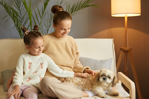 Indoor shot of mother and little daughter playing with dog on the home sofa, happy girl with Pekingese dog and mother relaxing at home, family with pet having fun together.