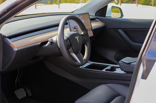 Kyiv, Ukraine - 29 september, 2022: Driver's seat of the interior car Tesla Model Y