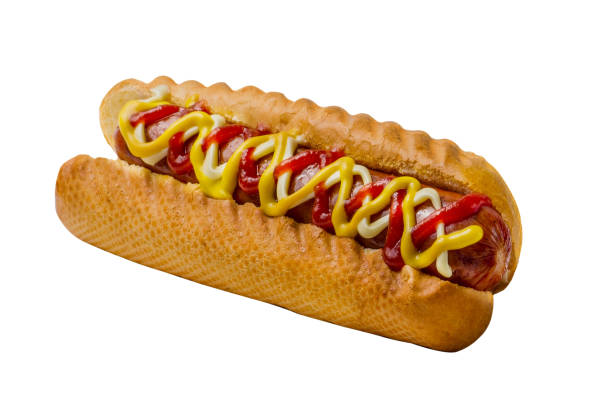 istock Hot dog garnished with sauces in a Rye bun 1435776583