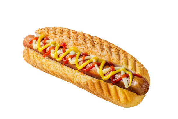 istock Hot dog garnished with sauces in a white grilled bun 1435776592