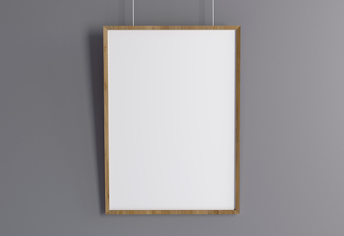 White poster with wooden frame template hanging on the wall, 3d rendering
